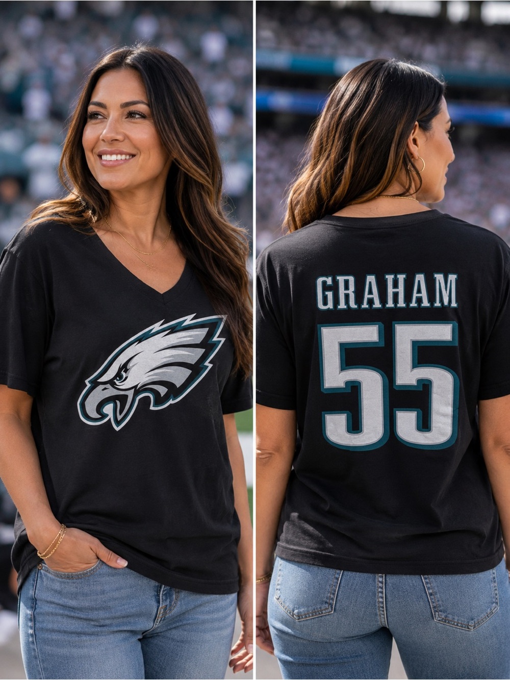 🆕 Philadelphia Eagles Brandon Graham #55 Women’s XL V-Neck T-Shirt Black